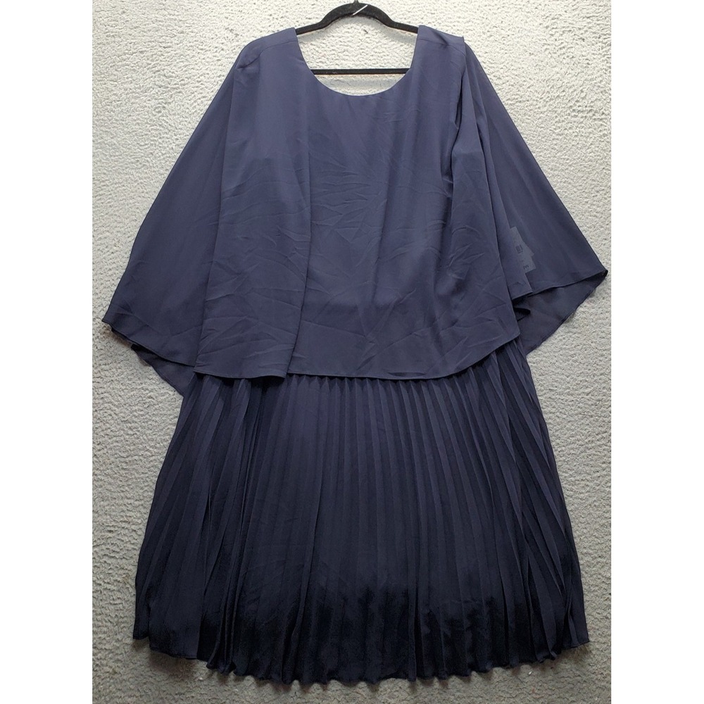 Marina Cocktail Dress Womens 20W Blue Pleated Cape Overlay Sleeveless Summer